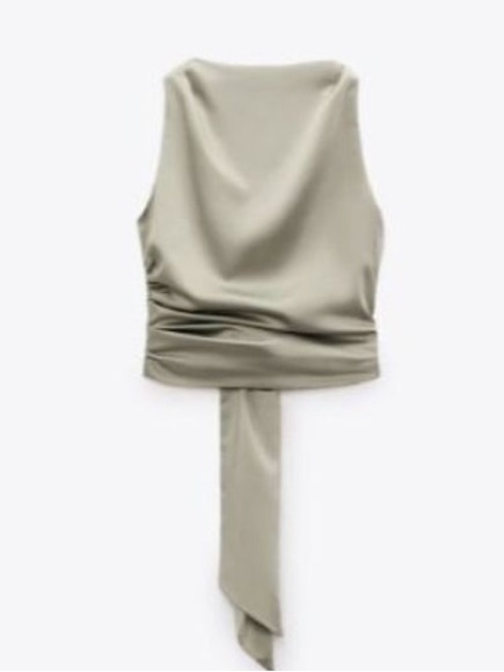 Zara Satin Draped Tank Top in Sage Green (open back)